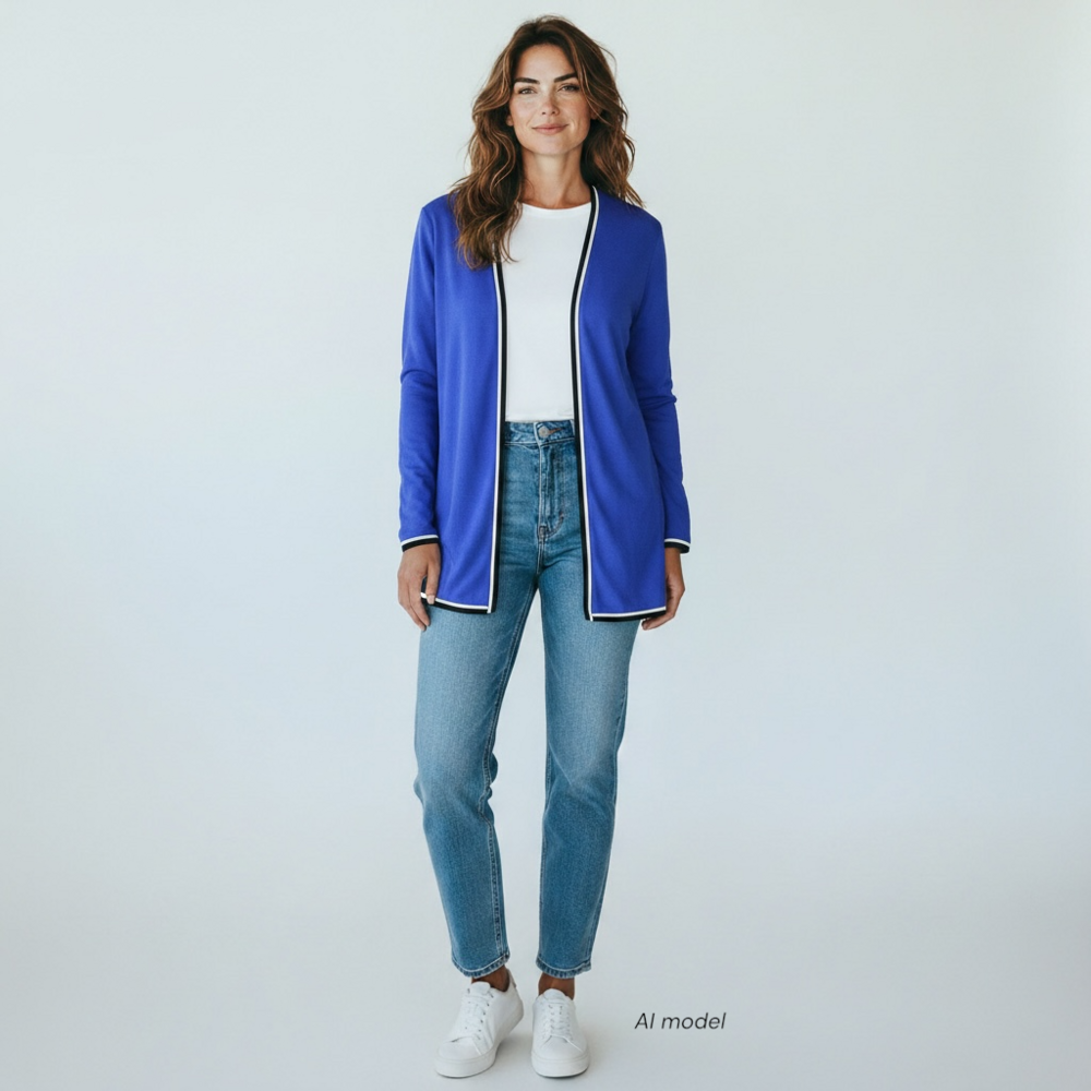 Misook Sweater Jacket Womens Large Blue Contrast Stripe Lux Flowy Open Cardigan